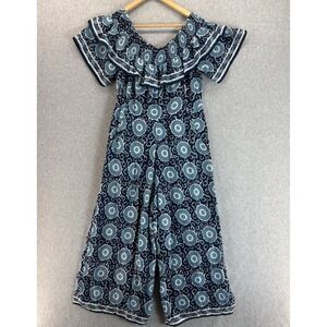 Kopal Anthropologie Ruffle Jumpsuit Wide Crop Leg Blue Print Pockets Size Medium
